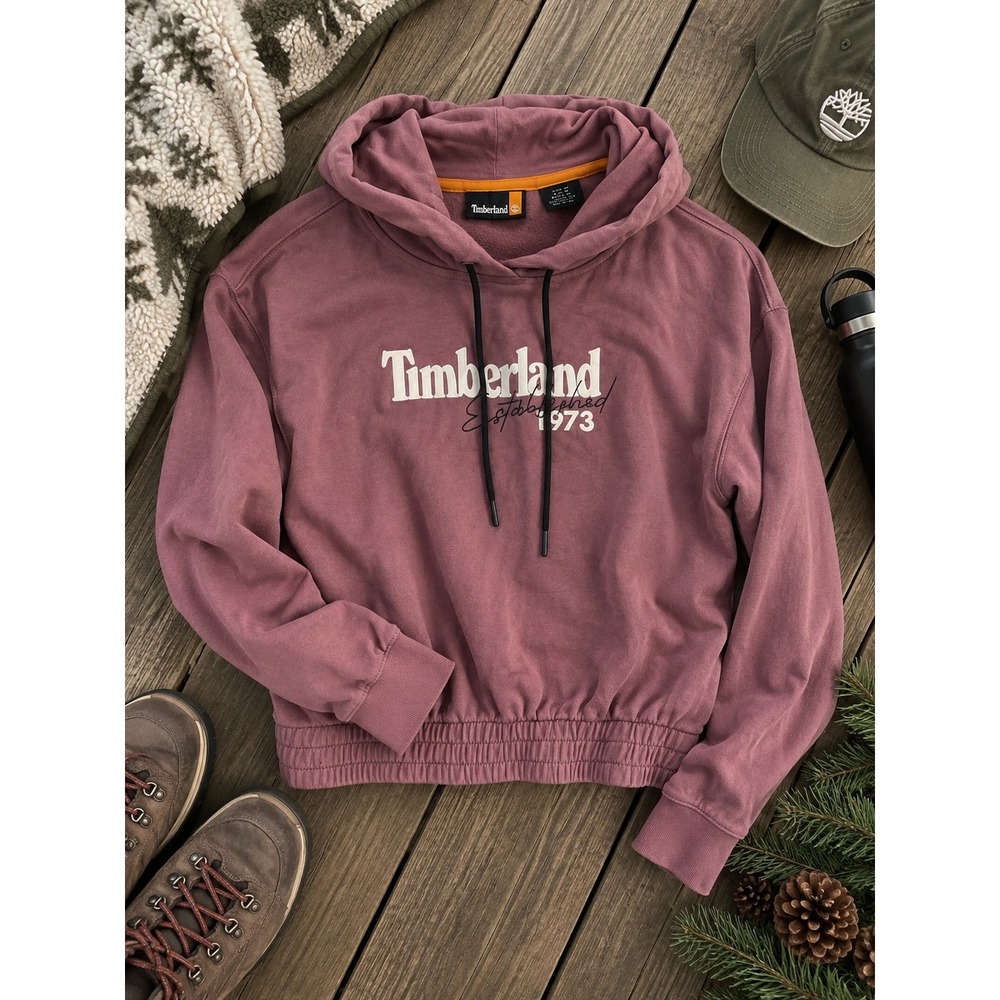 Timberland Womens Logo Cropped Hoodie Mauve Pink Smocked Hem Sweatshirt Small